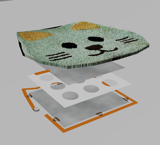 Here's a 3D visualization that makes it clearer. <br>
                                                                                         LED(+)--foil 2<br>LED(-) -- battery(-)<br>Battery (+) -- foil 1.
                                                                                         <br> When force applys, foil 1 touches foil 2 through the holes on the middle layer (could be cardpaper?)
