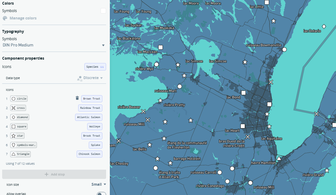 Bivariate data exploration - Fish stocking Data mapping based on species, data from Ontario GeoHub
