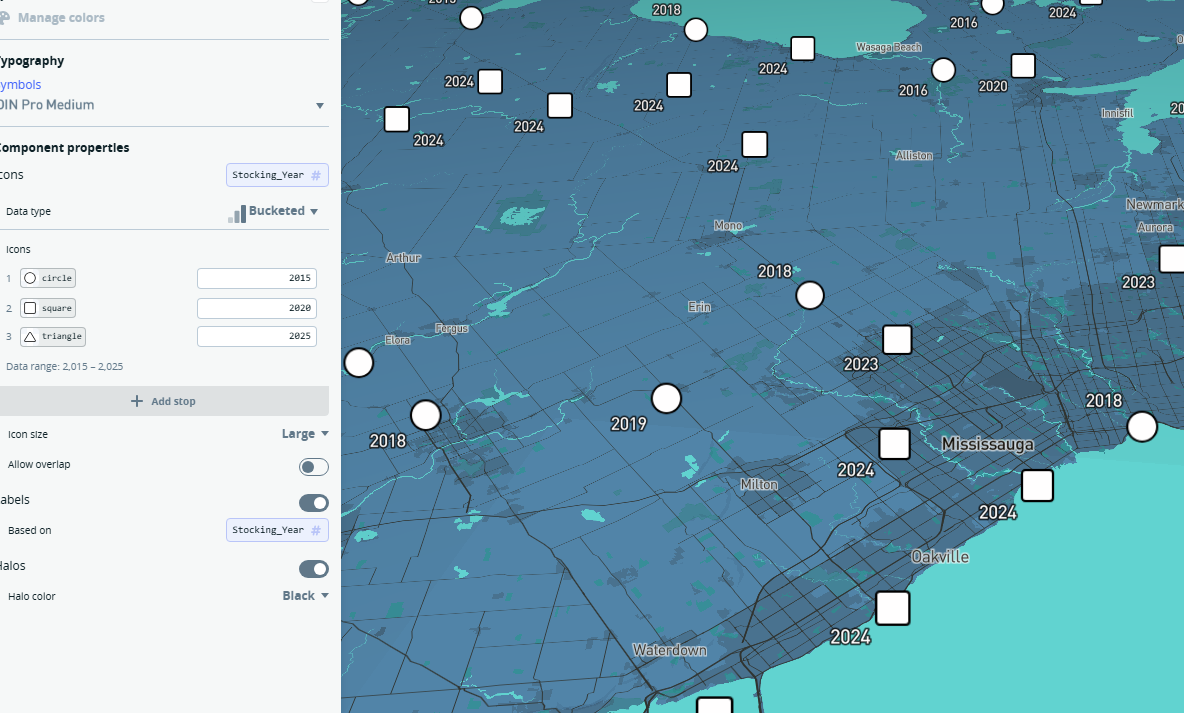 Bivariate data exploration - Fish stocking Data mapping based on stocking year