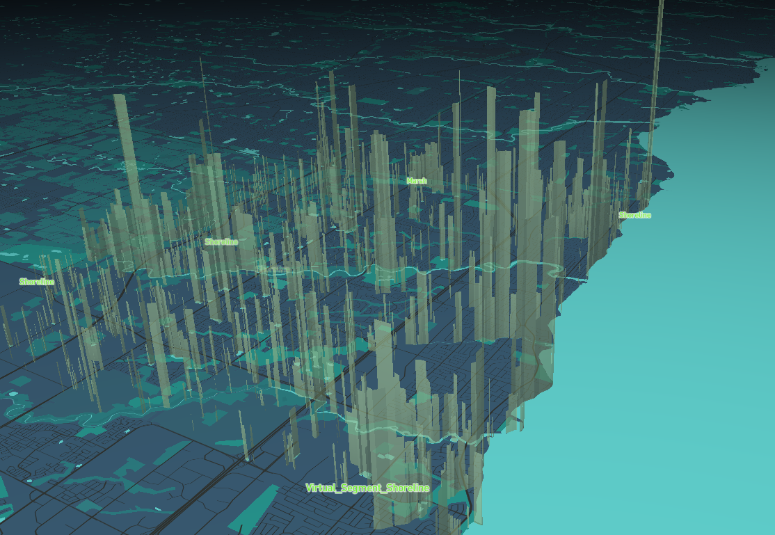 Bivariate data exploration - 3d extrusions style of wetlands, data from Town of Oakville Open Data Portal