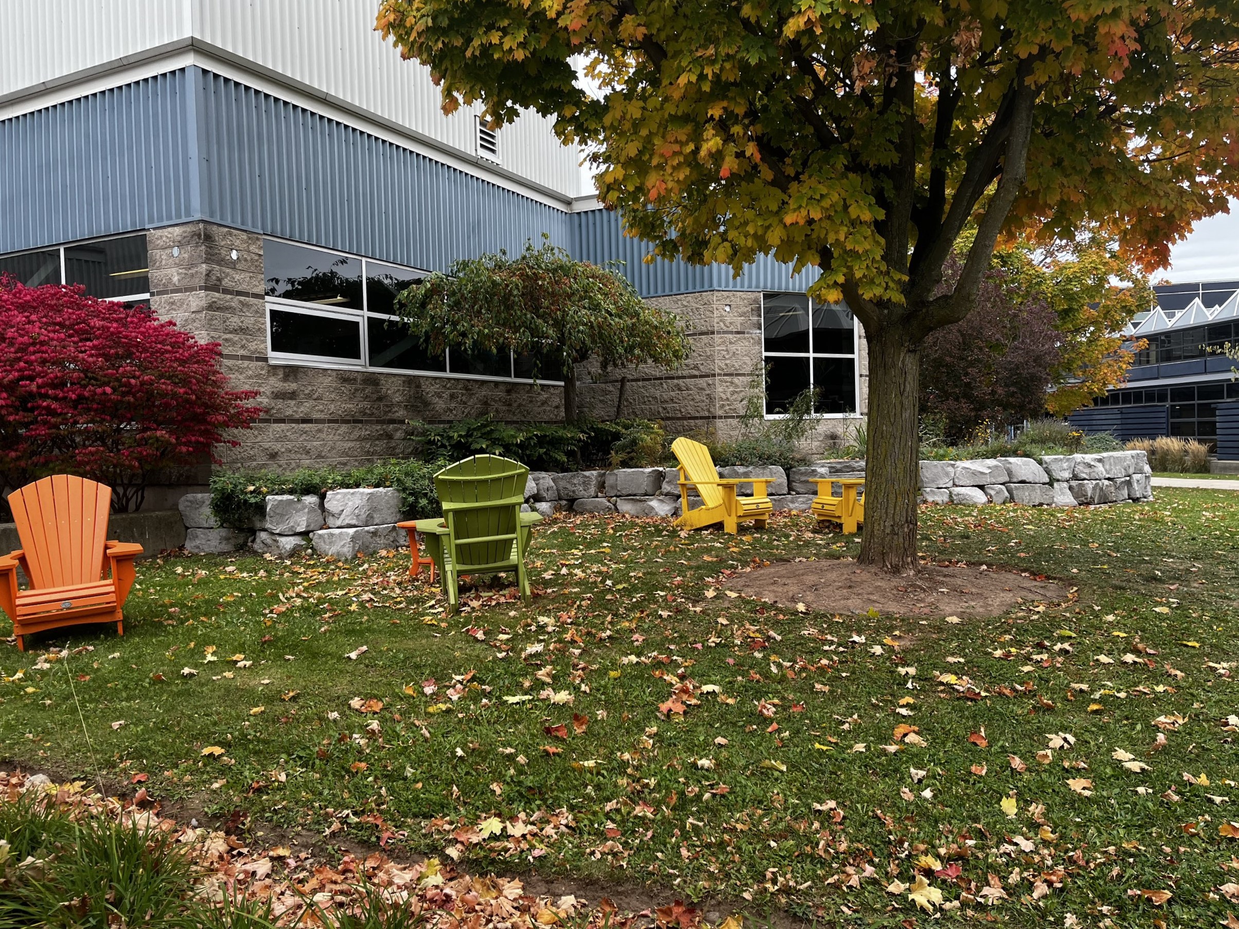Exterior of AA wing for relaxation.<br>Style: Natural and comfy, the color of chairs match with the color of foliage. The place combines the natural elements
      <br>Material: Wood chairs. Stone retaining walls. Grass and Tree providing shade.